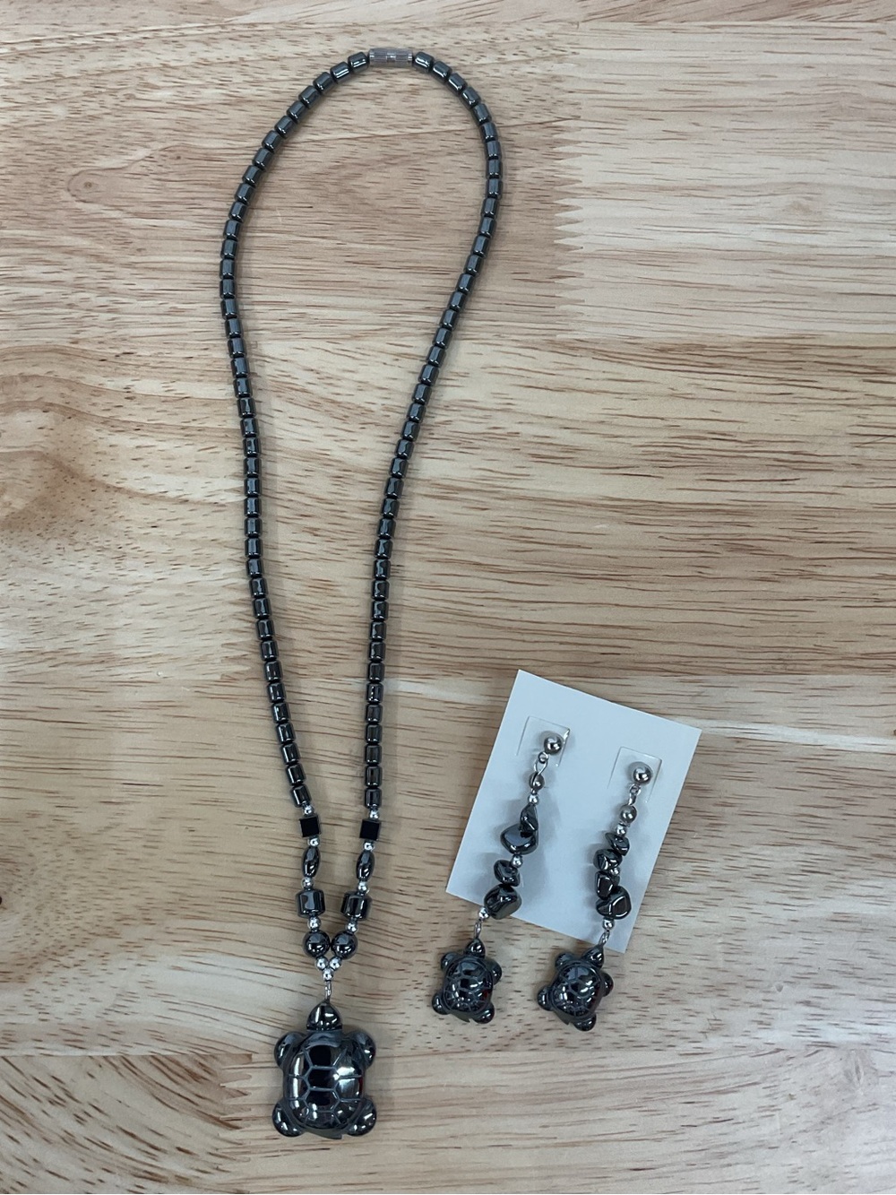 Hematite Turtle Pendant Necklace with Matching Earrings